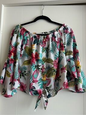 Tropical floral print off the shoulder tie front top